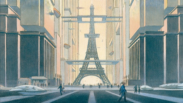 Med handlingen lagt 140 år fram i tid, beskriver albumet Revoir Paris den franske hovedstaden gjennom en hukommelse som ikke skiller mellom byen som den var og arkitektoniske ideer som det ikke ble noe av. Illustrasjon: François Schuiten.